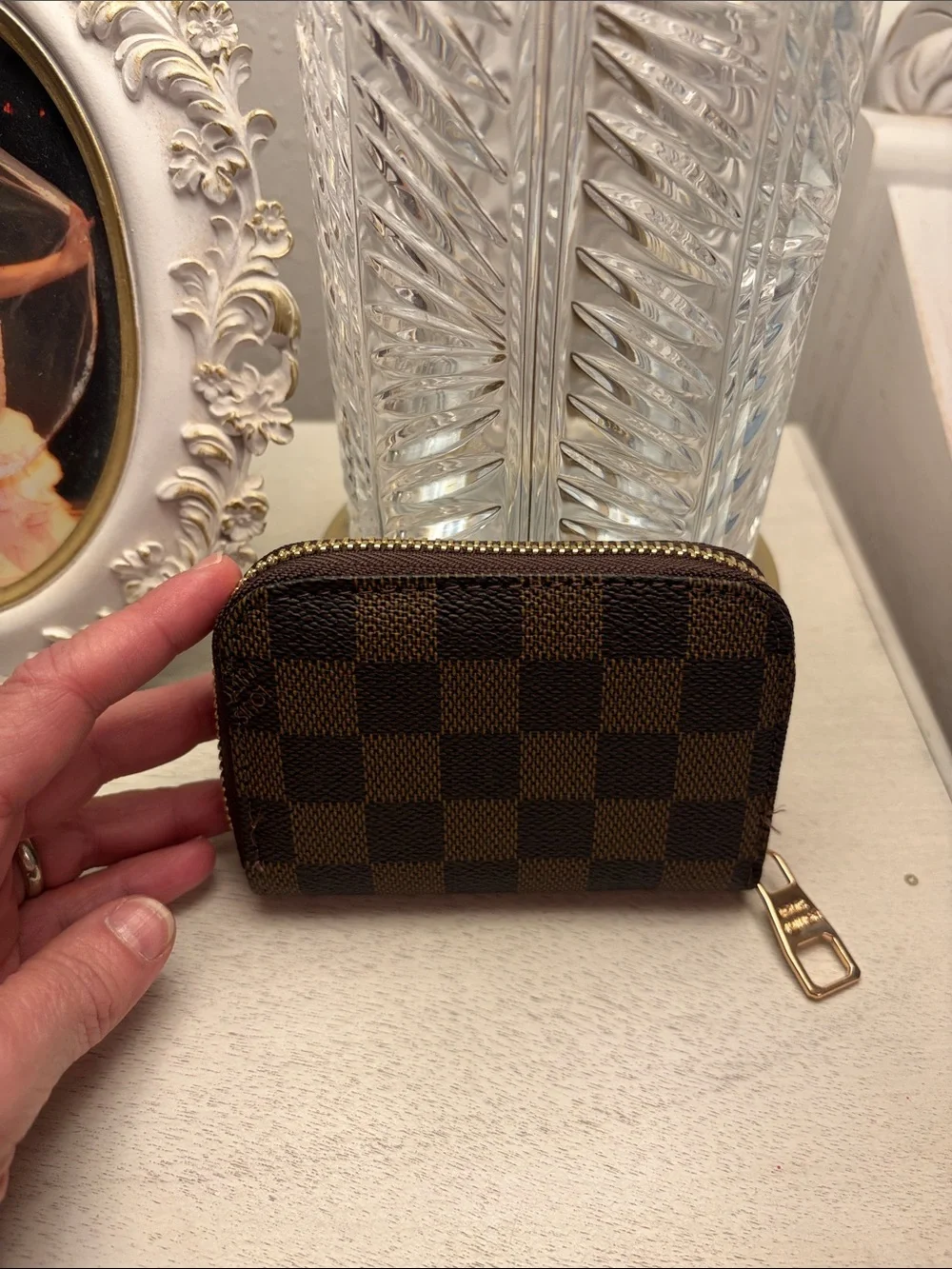 Light and dark brown checkered Damier Zip Card Holder with Gold Hardware